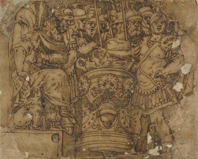 Mucius Scaevola steekt zijn hand in de vlam voor Porsenna door Polidoro da Caravaggio