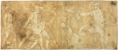 Perseus met het hoofd van Medusa, Phineus en zijn volgelingen in steen veranderend door Polidoro da Caravaggio