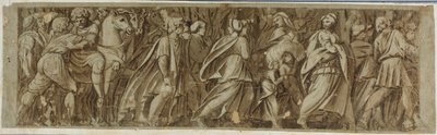 Sabijnen steken de rivier de Tiber over om de Romeinse spelen bij te wonen door Polidoro da Caravaggio