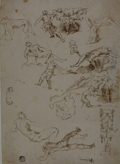 Schetsen van Mannelijke Naakten, Dieren en Decoratieve Details door Polidoro da Caravaggio
