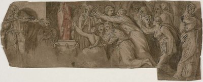 Verhaal van Niobe: Priesters en aanbidders voor een standbeeld van Niobe door Polidoro da Caravaggio