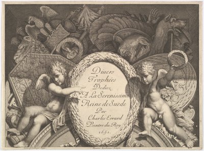 Titelpagina van Diverse trofeeën wapentrofeeën na de gevel van Palazzo Milesi in Rome door Polidoro da Caravaggio