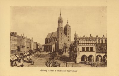 Krakau-Krakau: Grote Markt met de Mariakerk (z/w foto) door Polish Photographer