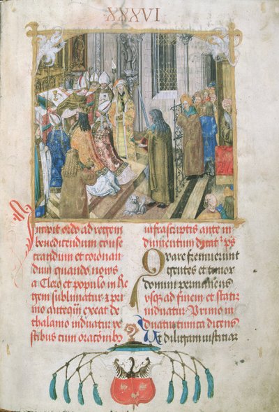 Kroning van de koning van Polen die de insignes van macht presenteert, uit het Pontificale van bisschop Erasmus Ciolek door Polish School