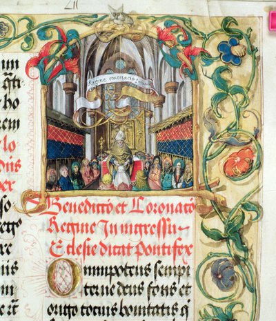 Kroning van de Koningin van Polen uit het Pontificale van Bisschop Erasmus Ciolek, c.1510 door Polish School