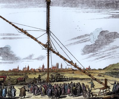 De grote astronomische telescoop van Johannes Hevelius (1611-1687) illustratie uit Machina Coelestis door Hevelius, Gdansk, gepubliceerd 1670 door Polish School