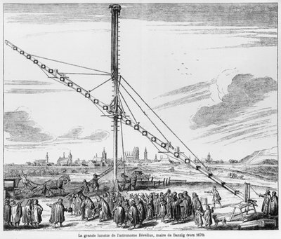 De Grote Astronomische Telescoop van Johannes Hevelius (1611-1687) illustratie uit Machina Coelestis door Hevelius, Gdansk, gepubliceerd 1670 door Polish School