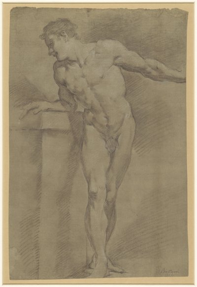 Studie van een staand mannelijk model, geleund tegen een borstwering door Pompeo Batoni