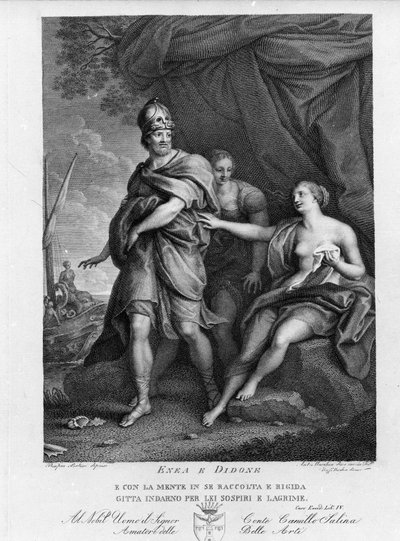 Eneide van Virgil, Boek IV, de Trojaanse held Enee verlaat Didon die wanhopig zelfmoord pleegt. Gravure naar een schilderij van Pompeo Batoni door Pompeo Girolamo (after) Batoni
