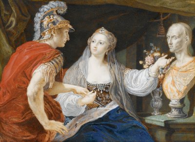 Cleopatra toont Octavius de buste van Caesar door Pompeo Girolamo Batoni