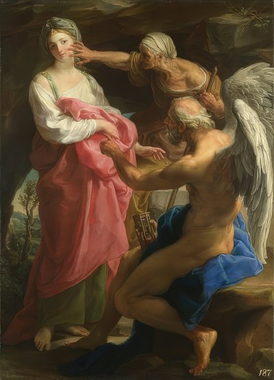 De tijd beveelt de ouderdom om de schoonheid te vernietigen door Pompeo Girolamo Batoni