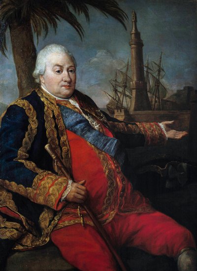 Portret van Pierre Andre de Suffren de Saint Tropez, baljuw van Suffren (1729-1788), viceadmiraal, in groot uniform van marineofficier door Pompeo Girolamo Batoni