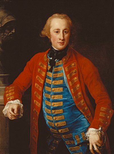 Portret van een cavalerieofficier in uitgaanskleding, ten halven lijve, leunend op een voetstuk bij een buste van Mars, 1774 door Pompeo Girolamo Batoni