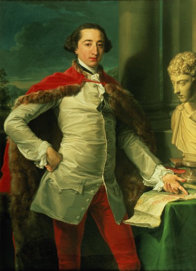 Portret van een Heer, staand driekwart lengte, met een Witte Vest, een Rood Met Bont Afgewerkte Mantel en Rode Kniebroek, Wijzend naar een Kaart op een Tafel, met een Buste van Antoninus Naast Hem door Pompeo Girolamo Batoni