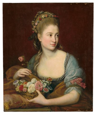 Portret van een dame als Flora, halflang, met een mandje bloemen door Pompeo Girolamo Batoni