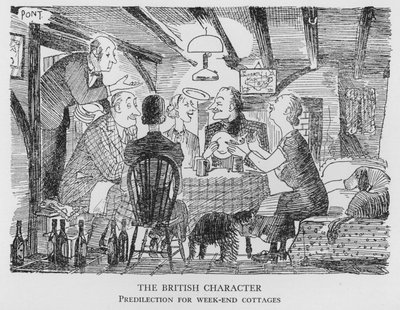Het Britse karakter, Voorliefde voor weekendhuisjes (litho) door Pont