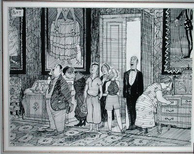 Het Britse Karakter: grote interesse in historische huizen, illustratie uit Punch, gepubliceerd 8 juli 1936 door Pont