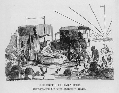 Het Britse karakter; Belang van het ochtendbad (litho) door Pont