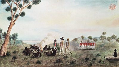 Mr White, Harris en Laing met een groep soldaten die Botany Bay Colebee bezoeken op die plaats toen gewond nabij Botany Bay, c.1790 door Port Jackson Painter