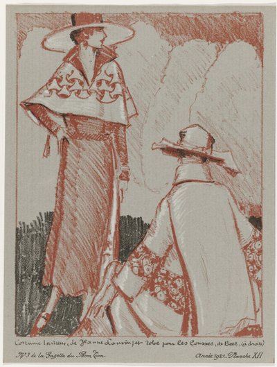 Gazette du Bon Ton, 1921 - No. 3, Pl. XII: Costume tailleur, de Jeanne Lanvin; en robe pour les courses, de Beer door Porter Woodruff