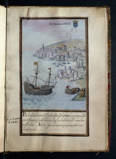 Aankomst in Rouen, uit een geschiedenis van de omzwervingen van de Syon-nonnen, samengesteld in Lissabon in het begin van de 17e eeuw door Portuguese School