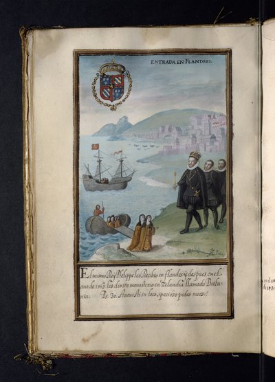Aankomst in Vlaanderen, uit een geschiedenis van de omzwervingen van de Syon-nonnen, samengesteld in Lissabon in het begin van de 17e eeuw door Portuguese School