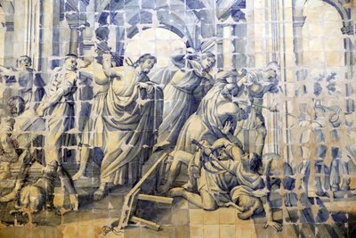 Kerk van Barmhartigheid. Azulejos. Het verhaal van de reiniging van de Tempel. Jezus. Evora. Portugal. door Portuguese School