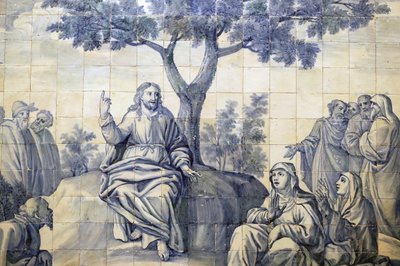 Kerk van Barmhartigheid. Azulejos. De bergrede. Jezus. Evora. Portugal. door Portuguese School