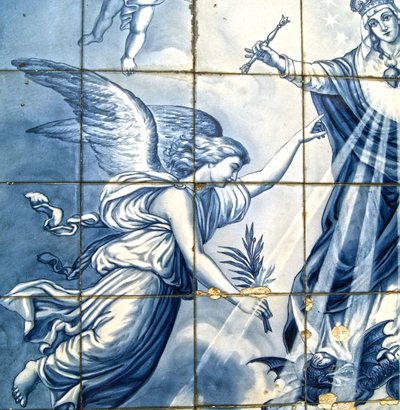 Decoratief paneel met de aartsengel Gabriël en de Maagd Maria die een gevleugelde slang verpletteren, Lamego, Portugal door Portuguese School