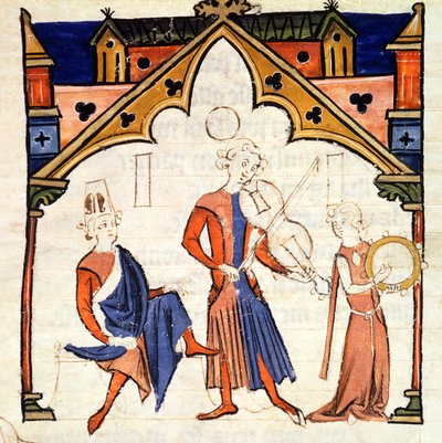 Fol.6r Muzikanten die een altviool en een tamboerijn bespelen, uit de Chansonnier des Nobles door Portuguese School