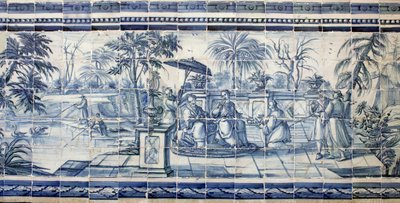 Fruittesten bij een meer in Azië - Azulejos, geschilderd faience door Portuguese School