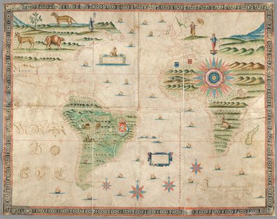 Kaart van West-Europa, Afrika en Amerika, met tekeningen van bergen, dieren, enz. Joseph da Costa e Miranda door Portuguese School