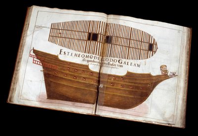 Scheepsbouw: pagina uit het architectonische verdrag (Livro de Tracas de Carpintaria) door Manuel Fernandez: het snijden van een schip door Portuguese School