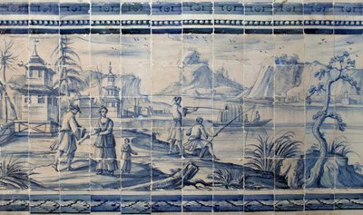 Scène aan de oevers van een meer in Azië - Azulejos, geschilderd faience door Portuguese School