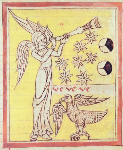 De engel die de trompet blaast, de zeven sterren en de adelaar van St. Johannes de Evangelist, uit de Apocalyps van St. Jean de Lorvao door Portuguese School