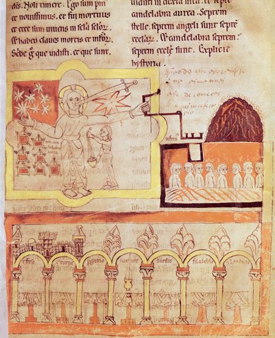 De Eerste Verschijning van de Zoon des Mensen met de Zeven Kerken van Azië en de Zeven Sterren, uit de Apocalyps van St. Jean de Lorvao door Portuguese School