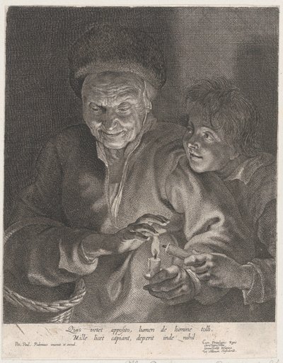 Oude vrouw en een jongen met kaarsen, ca. 1620-30 door Possibly by Paulus Pontius.