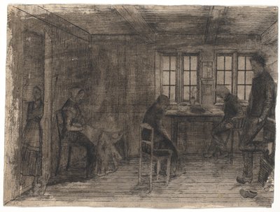 Interieur van een boerderij met vijf personen door Poul S. Christiansen
