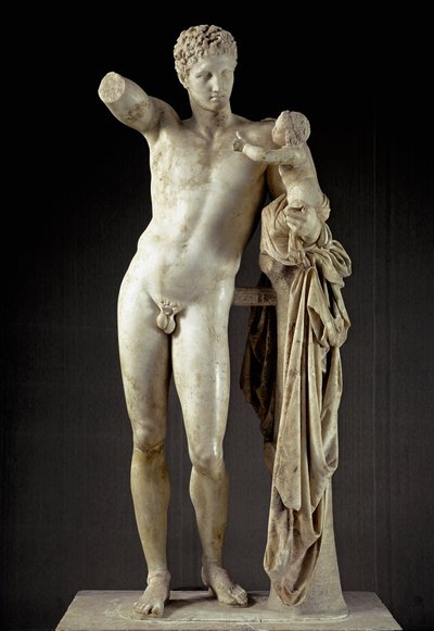 Griekse Kunst: Hermes en Dionysus kind - Marmeren sculptuur van Praxiteles (4e eeuw v.Chr.) uit de tempel van Hera in Olympia, 330 v.Chr., Dim. 213 cm - Olympia, archeologisch museum door Praxiteles