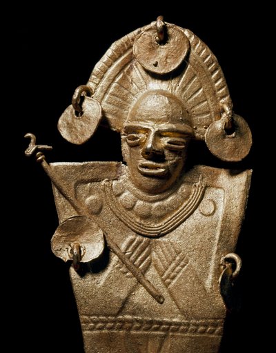 Precolumbiaanse kunst, Muisca beschaving: beeldje van een vrouw (Tunjo) in gouden ceremoniële kleding door Pre Columbian