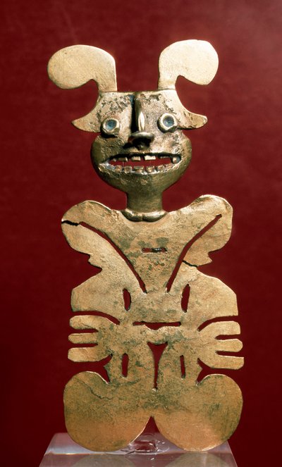 Precolumbiaanse kunst, Quimbaya beschaving (Colombia): antropomorf beeldje in goud. 400-1400 n.Chr. Bogota, Museo de Oro, Colombia door Pre Columbian Pre Columbian