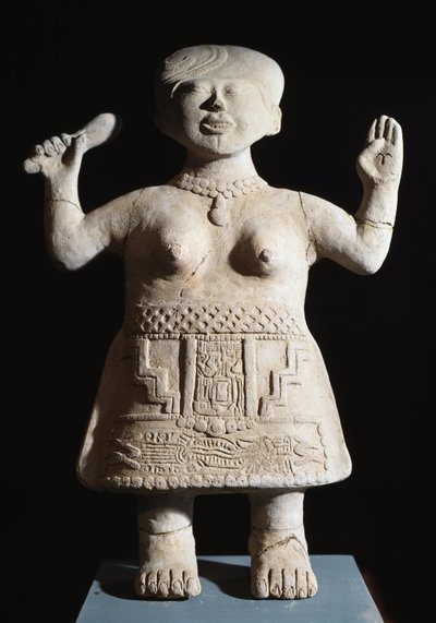 Precolumbiaanse kunst, Totonac beschaving: beeldje van priesteres met armen in de lucht door Pre Columbian Pre Columbian
