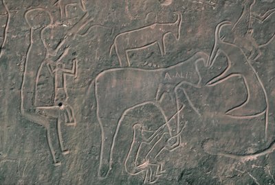 Menselijke figuren en dieren (rotsschildering) door Prehistoric