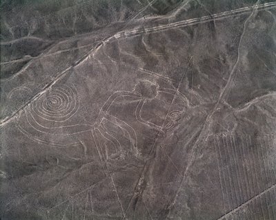 Luchtfoto van een apenfiguur, Nazcalijnen door Prehistoric Prehistoric