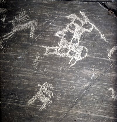 Camunni beschaving, Prehistorie, rotstekeningen: grafrots, die jagers en herten voorstelt. Rocher de Naquane, in Valcamonica (Val Camonica) door Prehistoric Prehistoric