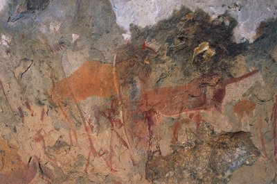 Menselijke en dierlijke figuren, bosjesmannen of san rotschilderingen, Maloti-Drakensberg Park (Unesco Werelderfgoedlijst, 2000), Lesotho door Prehistoric Prehistoric