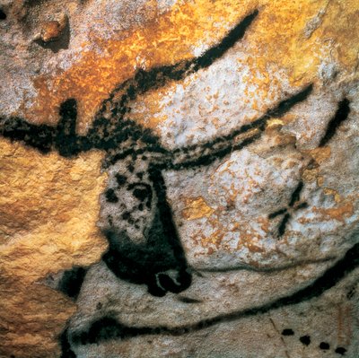 Muurschildering die een oeros (uitgestorven rund) afbeeldt, Stierenkamer, Lascaux-grot, Montignac, Dordogne, Frankrijk, paleolithische Magdalénienperiode door Prehistoric Prehistoric