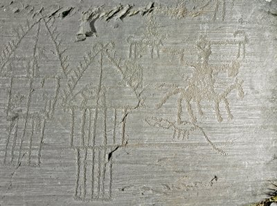 Prehistorie, Camunni beschaving, rotstekeningen: grafrots met scènes uit het dagelijks leven in een dorp, paalwoningen, honden, vogels, herten en man te paard. Periode tussen het Neolithicum en de Bronstijd. door Prehistoric Prehistoric
