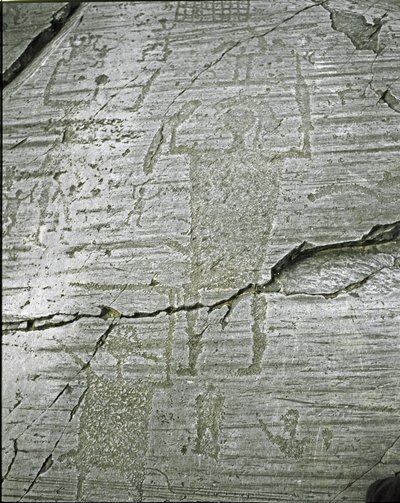 Prehistorie, Camunni beschaving, rotstekeningen: grafrots met gestileerde voorstellingen van krijgers, detail (detail) door Prehistoric Prehistoric