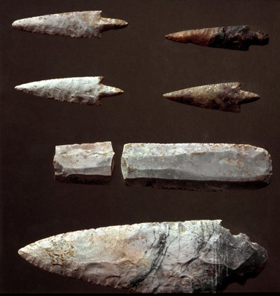 Prehistorie: pijlpunten en vuursteen uit de necropolis van Cantalupo-Mandela (Cantalupo Mandela), Lazio. Kopertijd. Eneolithicum. 2200 v.Chr. Rome, Museo Nazionale Preistorico Etnografico Luigi Pigorini door Prehistoric Prehistoric